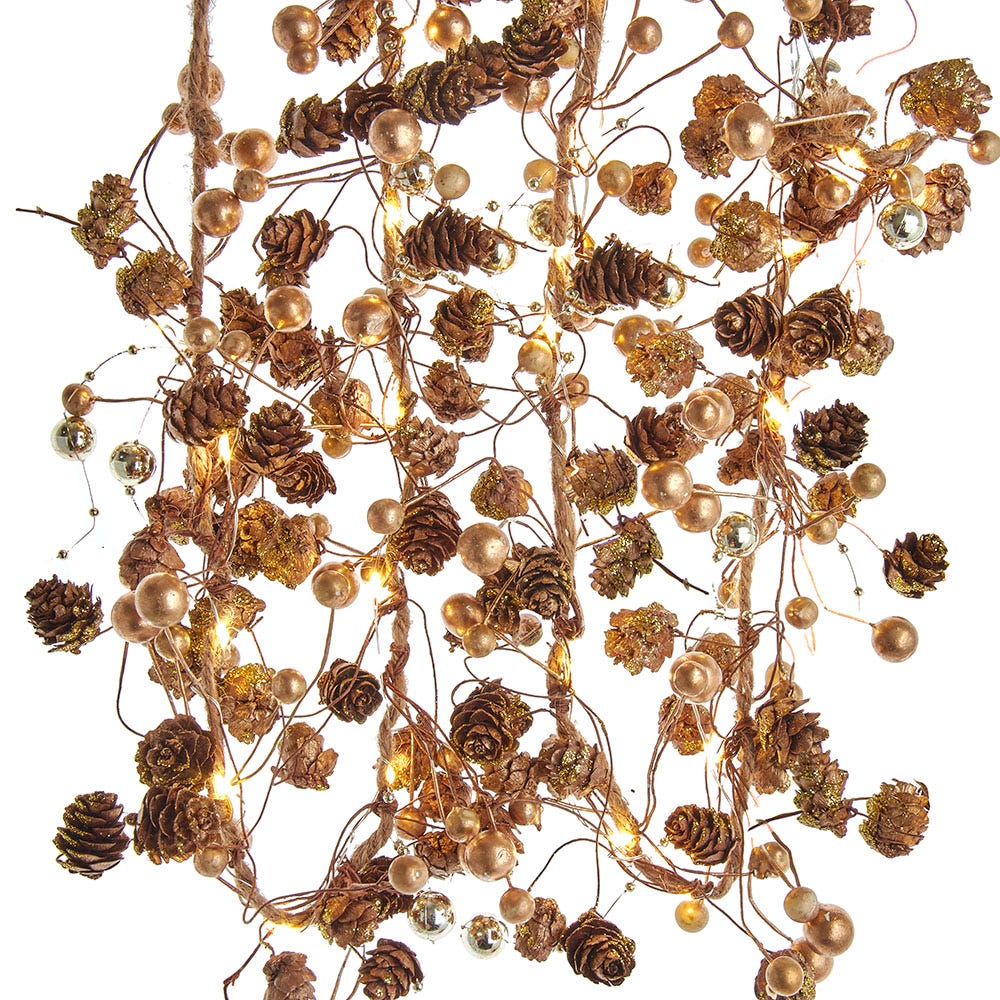 Kurt Adler 6-Foot Battery-Operated Gold Pinecone and Berry Rope Garland